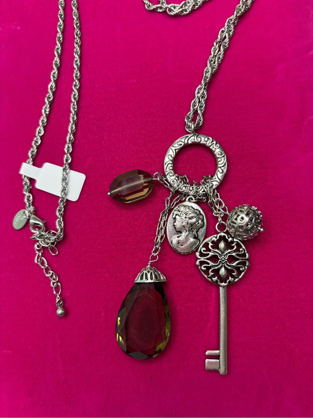 Lia Sophia Silver Key & Charm Pendant Necklace with Olive Color Teardrop